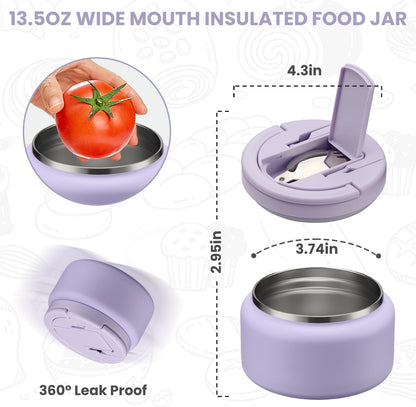 Soup Thermo for Hot Food Kids 13.5Oz Lunch Containers with Buckle Lid Wide Mouth Hot Food Jar Vacuum Insulated Stainless Steel Bento Box Leakproof with Spoon(Purple)