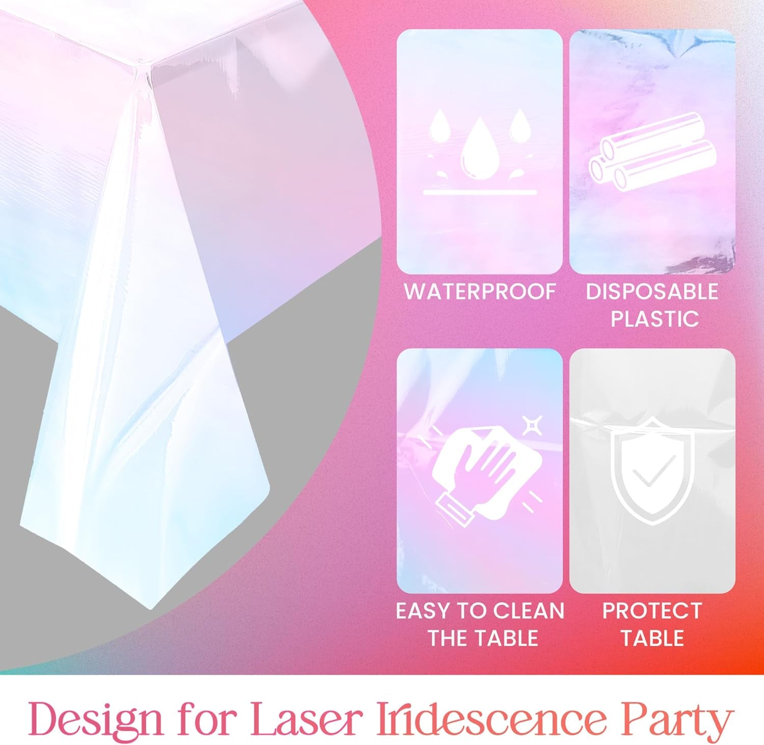 Set of 4 White Iridescent Disposable Tablecloths - 40 x 108 inches - Shiny Holographic Plastic Covers for Party, Wedding, and Banquet Decor