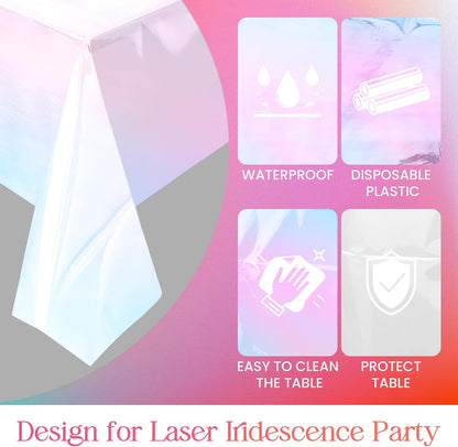 Set of 4 White Iridescent Disposable Tablecloths - 40 x 108 inches - Shiny Holographic Plastic Covers for Party, Wedding, and Banquet Decor