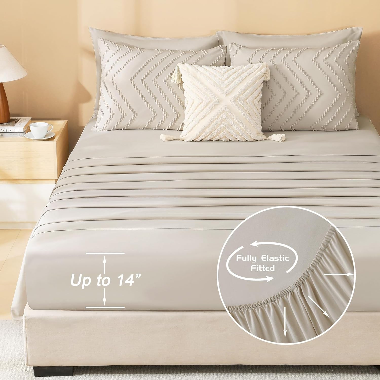 King Size Comforter Set with Sheets Beige - 7 Pieces Bed in a Bag King Chevron Tufted Boho Luxury Bedding Sets with Comforter, Sheets, Pillowcases & Shams