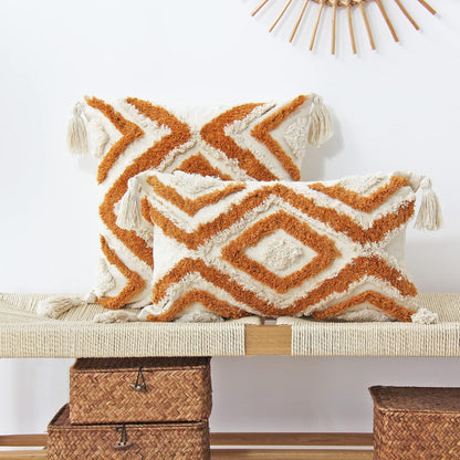 Boho Lumbar Throw Pillow Covers with Handmade Tassels Decorative Woven Tufted Orange Pillowcase for Couch Bedroom 12 X 20 Inch Orange B