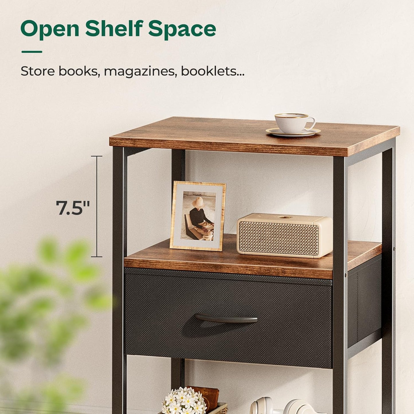 Rustic Brown and Black Nightstand with Fabric Drawer and Mesh Shelf, Metal Frame Side Table for Bedroom and Living Room