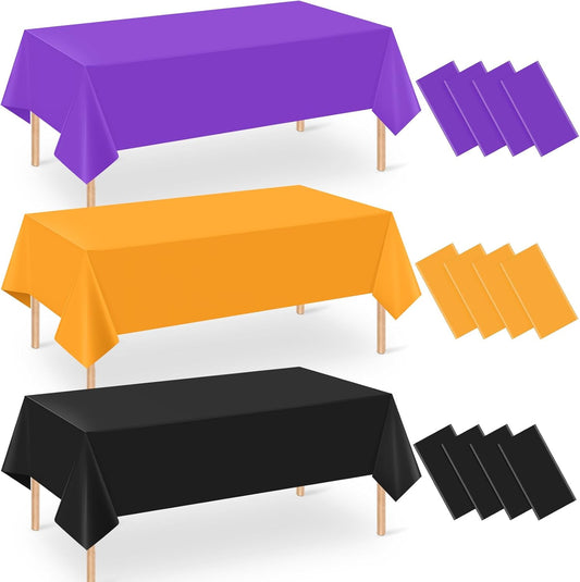 12Pack 54 X 108 Inch Halloween Tablecloths Bulk Plastic Black Purple Orange Table Cloths Disposable Rectangle Table Covers for Halloween Witch Vampire Party Fall Autumn Party Decorations