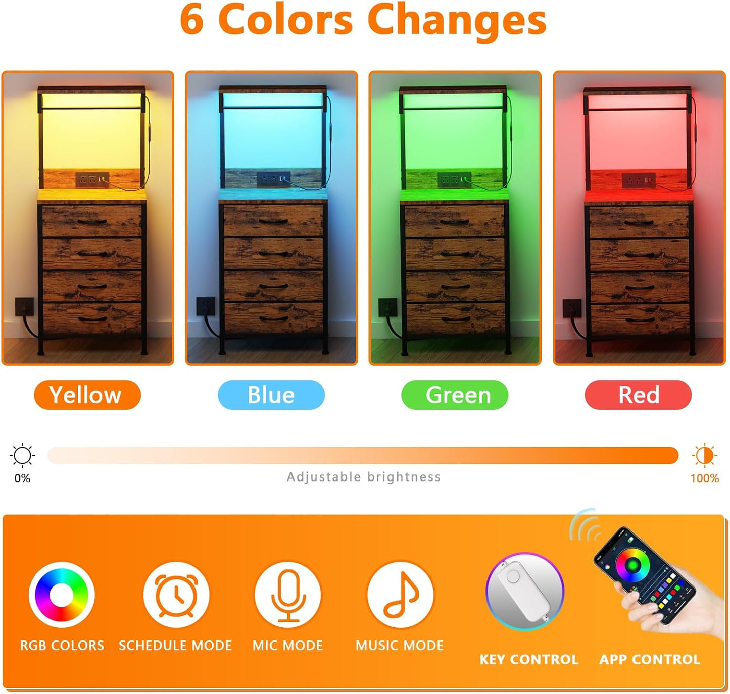 38-Inch Tall Nightstand with Charging Station, 4 Fabric Drawers, LED Lights, and Storage Shelf - Rustic Brown Metal Frame and Wood Shelves for Bedroom or Office