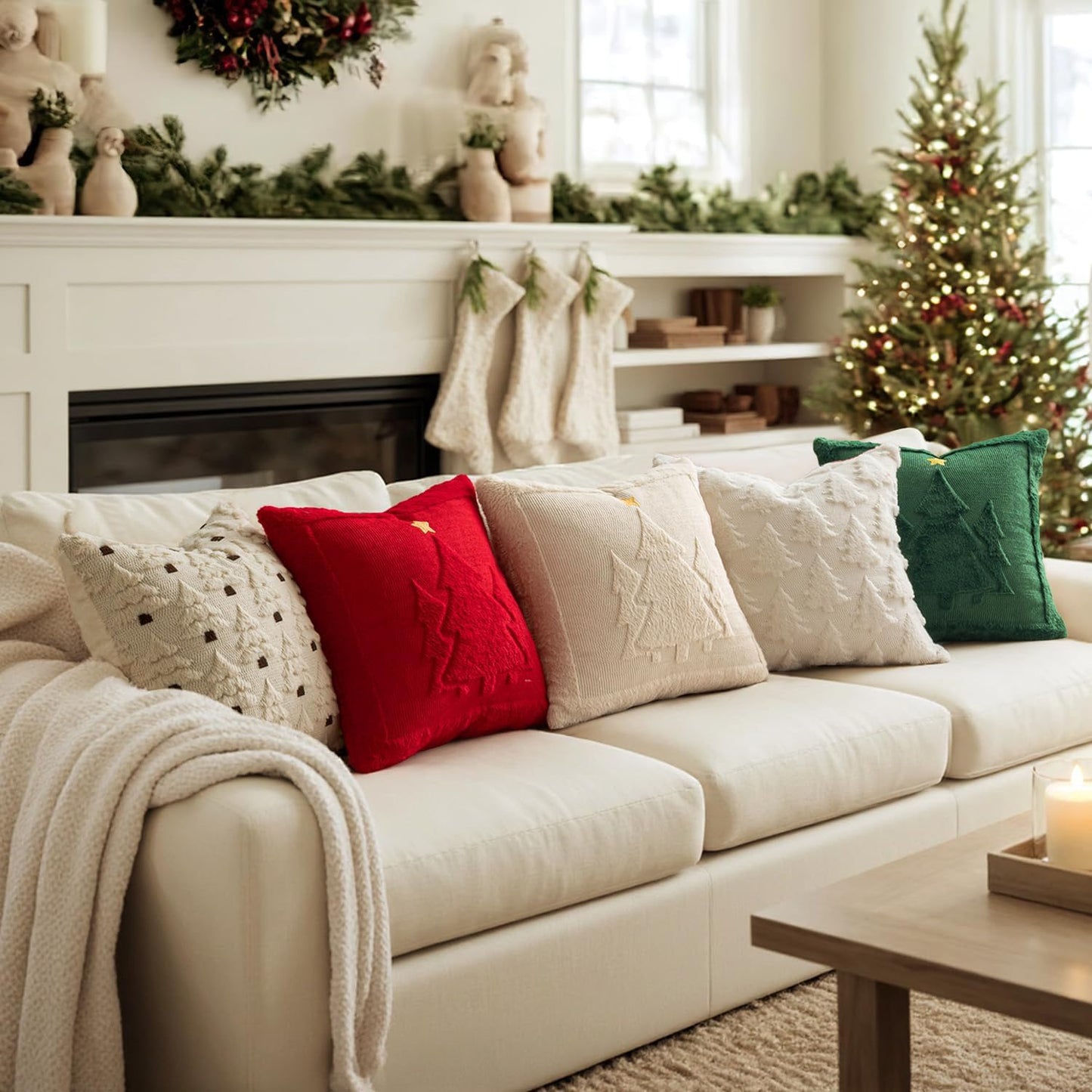 Christmas Trees Pillow Covers Set of 2 Decorative Soft Throw Pillows Plush Faux Fur Wool Embroidered Couch Cushion for Holiday Winter Home Decor Chair Sofa Bedroom Living Room,Beige 18X18Inch