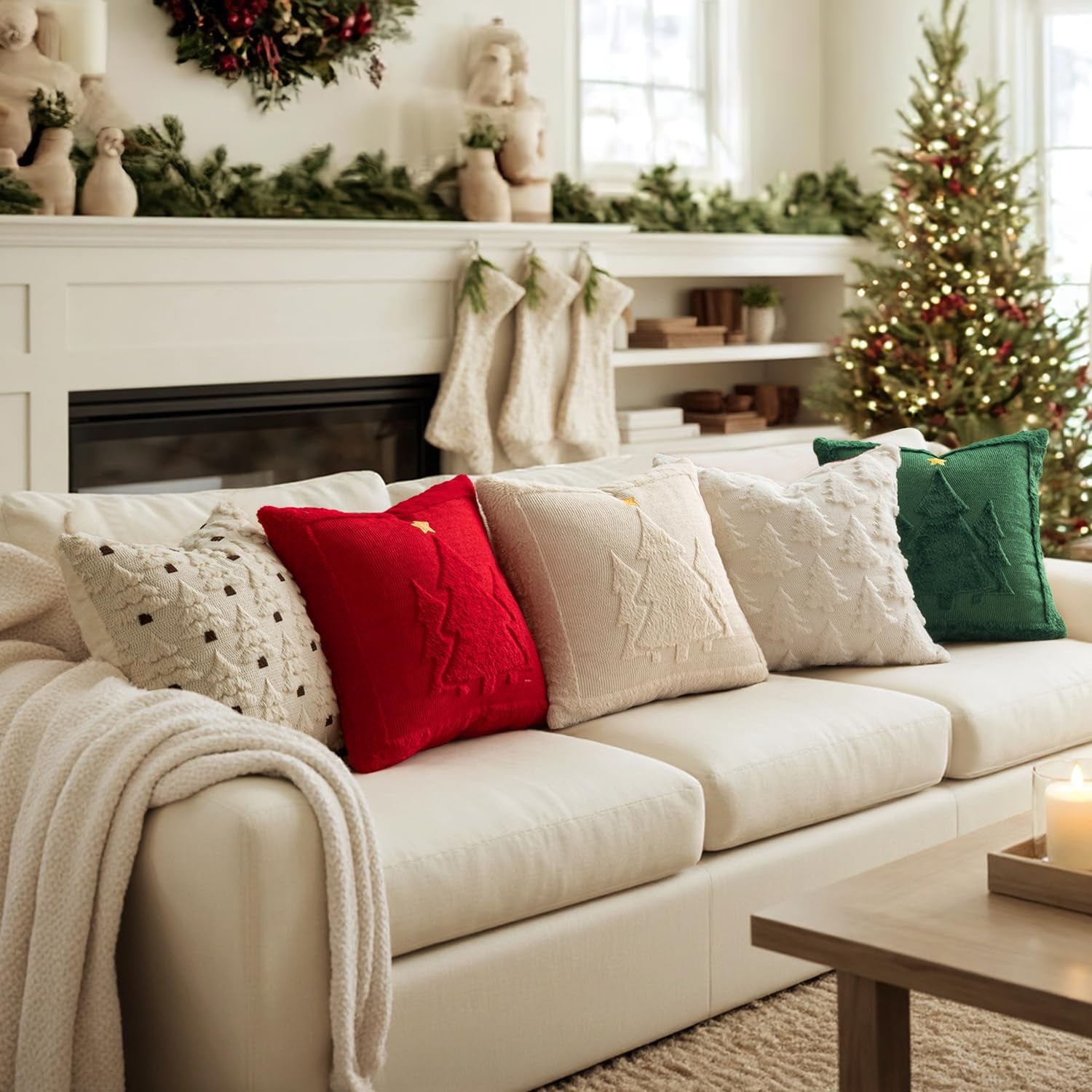 Christmas Trees Pillow Covers Set of 2 Decorative Soft Throw Pillows Plush Faux Fur Wool Embroidered Couch Cushion for Holiday Winter Home Decor Chair Sofa Bedroom Living Room,Beige 18X18Inch