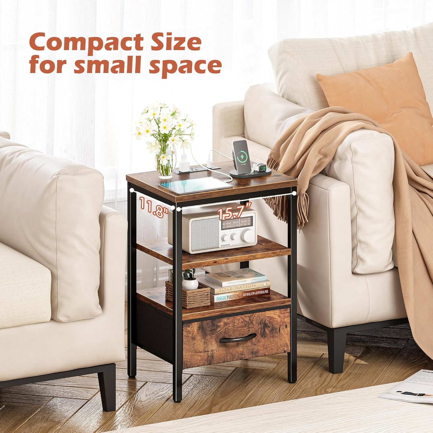 Rustic Brown Nightstand with Integrated Charging Station and Adjustable Fabric Drawer, 3-Tier Storage End Table for Bedroom and Living Room