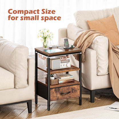 Rustic Brown Nightstand with Integrated Charging Station and Adjustable Fabric Drawer, 3-Tier Storage End Table for Bedroom and Living Room