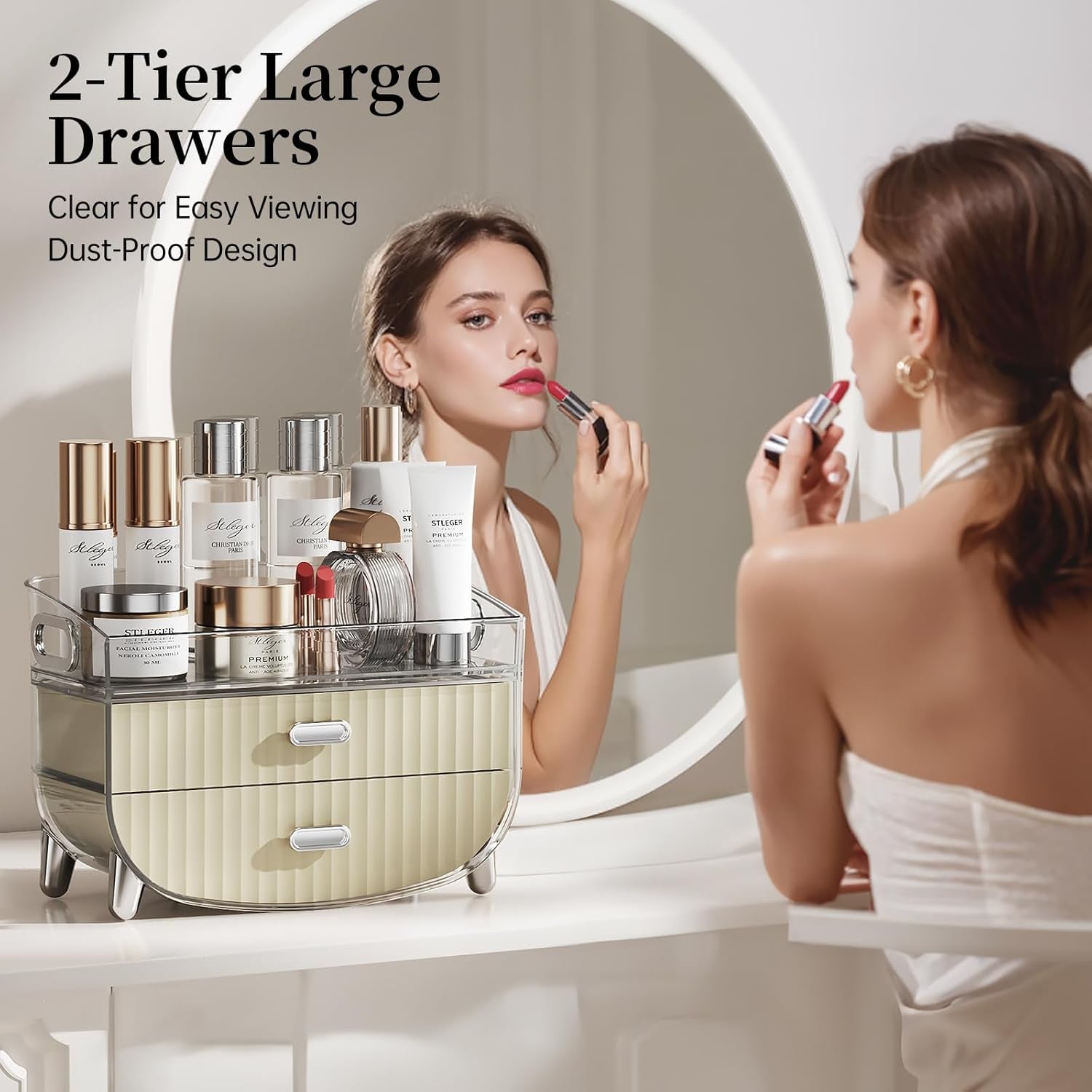 Makeup Organizer with 2 Drawers, Bathroom Storage with Four Non-Slip Feet and Dust-Proof, Simple and Stylish for Desktop, Vanity, Bathroom Countertops, White