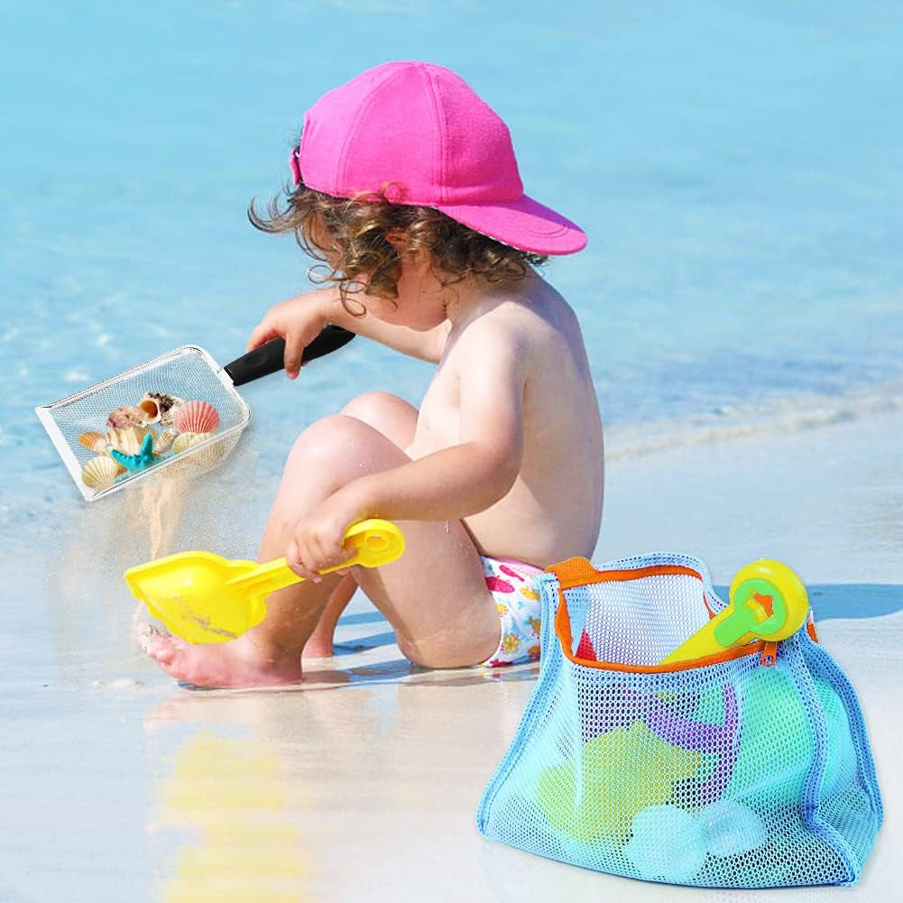 Beach Toy Mesh Beach Bag, Kids Beach Sand Toy Seashell Bag with Adjustable Shoulder Straps, Kids Shells Bags for Picking up Shells Beach Sand Toys for Boys and Girls (Blue)