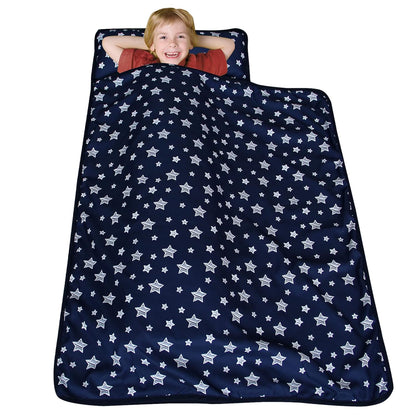 Toddler Nap Mat Boy Navy and Fleece Minky Blanket, Lightweight and Soft Perfect for Kids Preschool, Daycare, Travel Sleeping Bag for Boys, 21" X 50" Fit on a Standard Cot