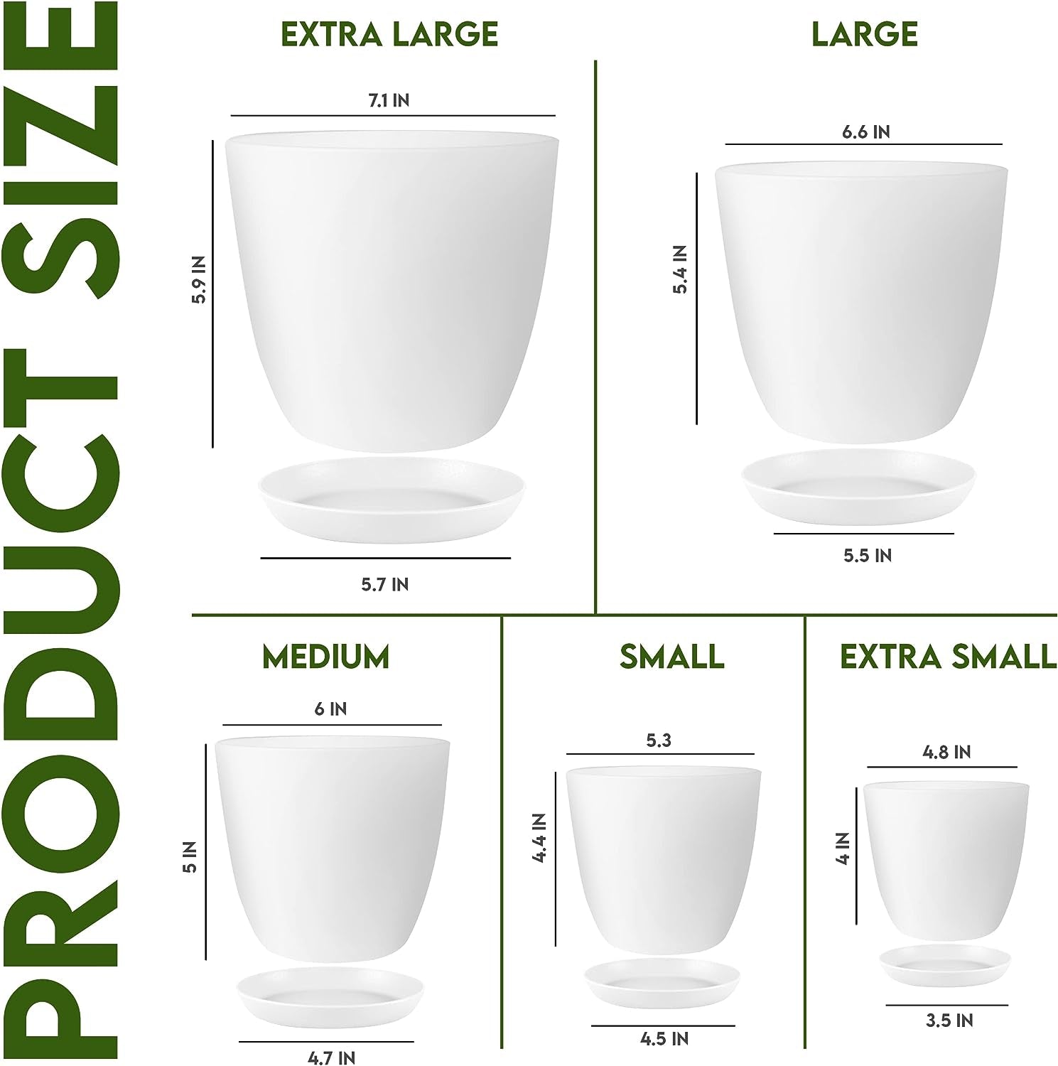 - Plant Pots Indoor with Drainage - 7/6.6/6/5.3/4.8 Inches Garden Flower Pots for Indoor Planter - 5 Pack White Plastic Planters - Ideal for Stocking Stuffers or Room, Office Home Decor
