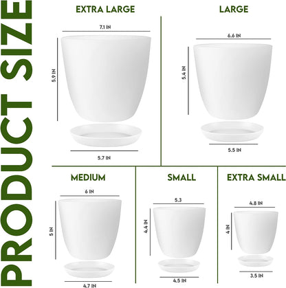 - Plant Pots Indoor with Drainage - 7/6.6/6/5.3/4.8 Inches Garden Flower Pots for Indoor Planter - 5 Pack White Plastic Planters - Ideal for Stocking Stuffers or Room, Office Home Decor