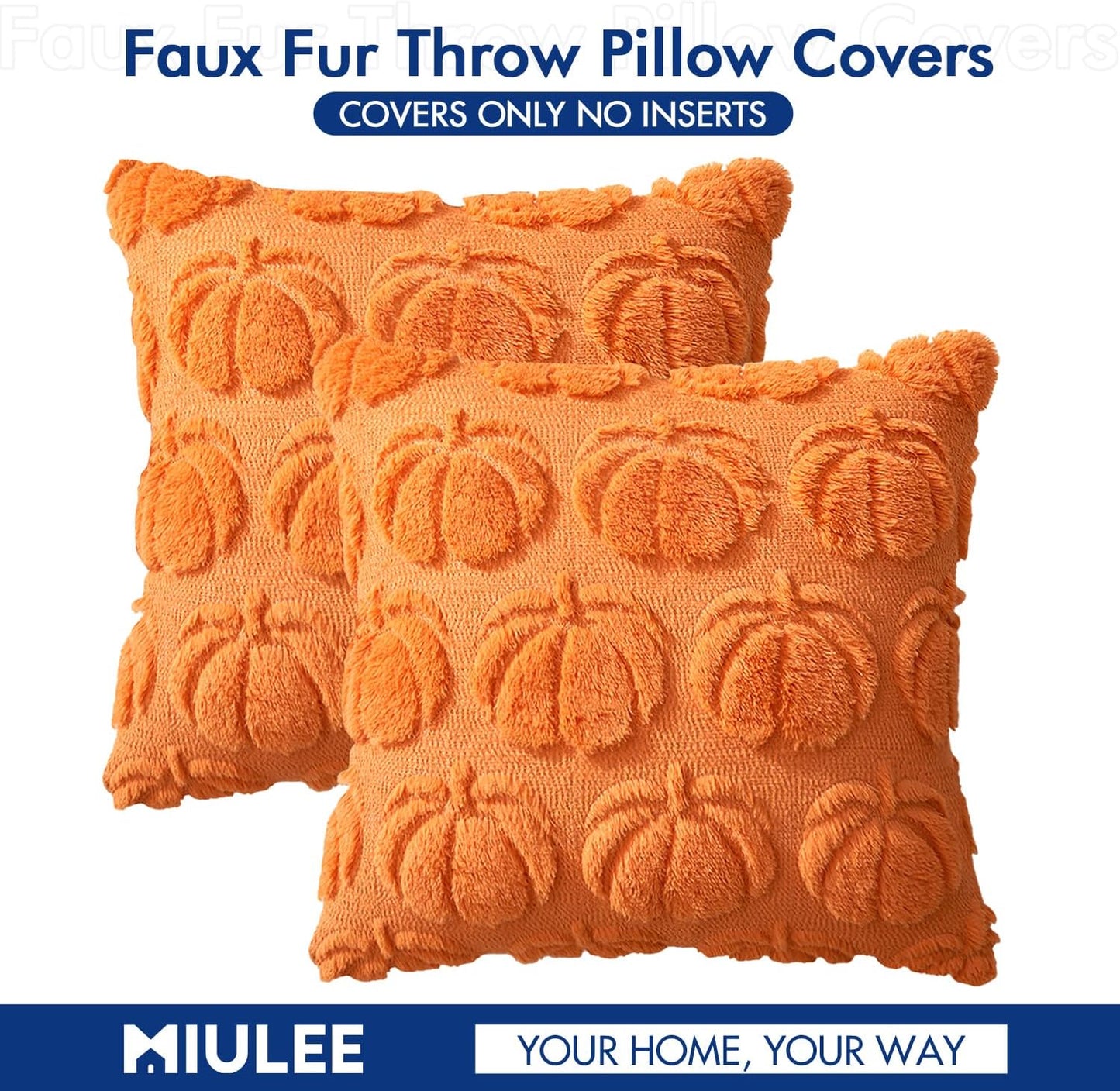 Fall Throw Pillow Covers 18X18 Set of 2 Autumn Decorations Orange Pumpkin Accent Pillowcase for Outdoor Porch Sofa Couch Bed Living Room Plush Faux Fur Halloween Farmhouse Home Decor