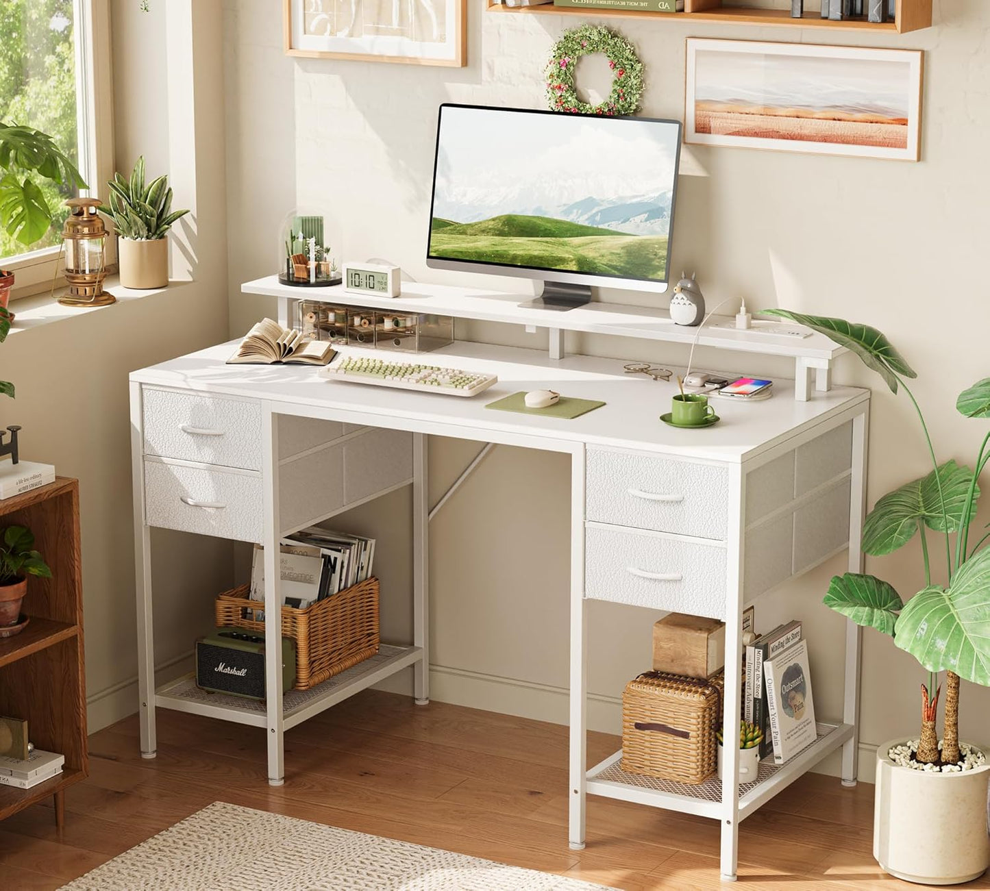 47-Inch Computer Desk with Four Drawers, LED Lighting, and Power Outlets - Spacious Home Office and Gaming Desk in White