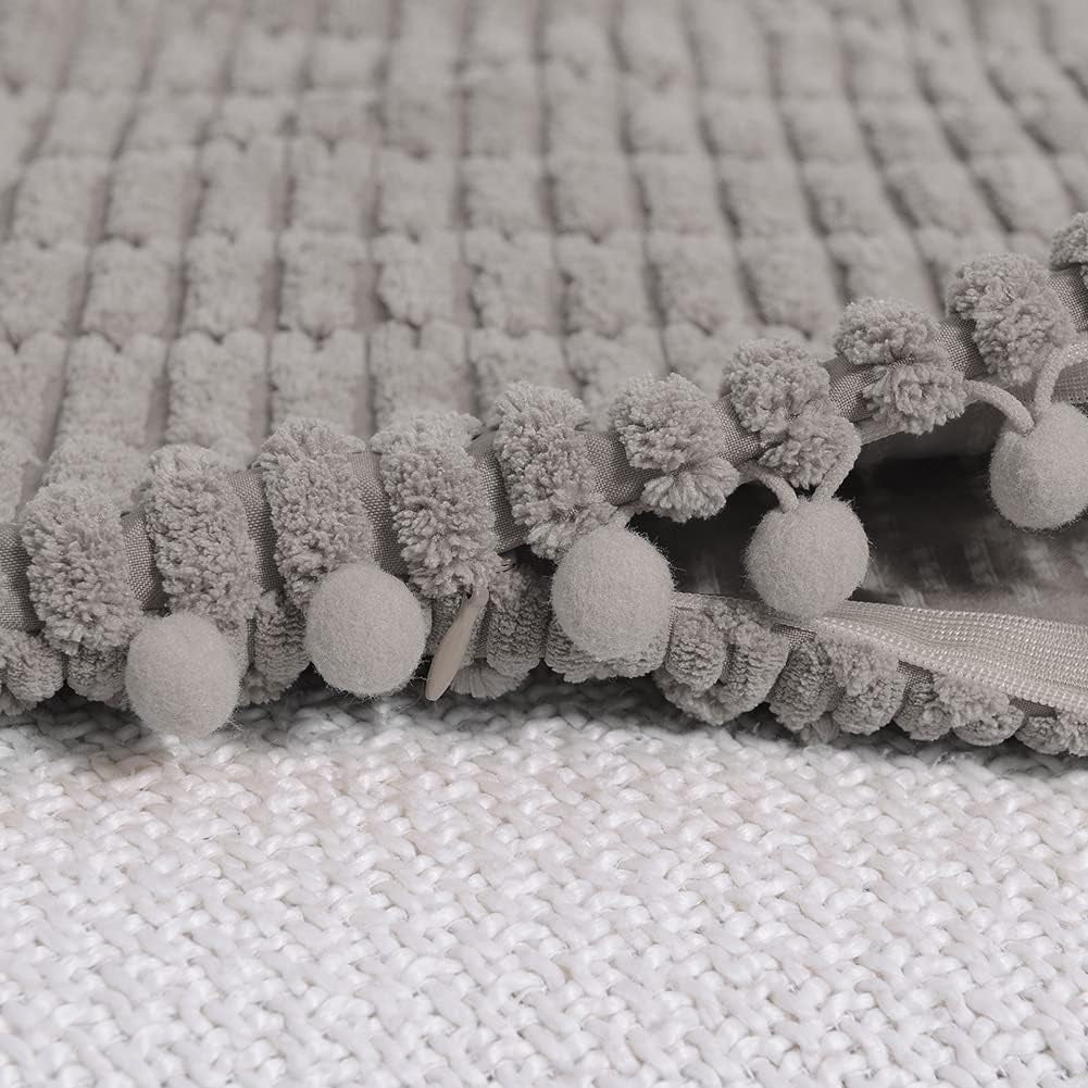 2 Packs Gray Farmhouse Decorative Throw Pillow Covers 18X18 Inch with Pom-Poms for Living Room Couch Bed Sofa, Rustic Boho Home Decor, Soft Striped Corduroy Square Cushion Case 45X45 Cm