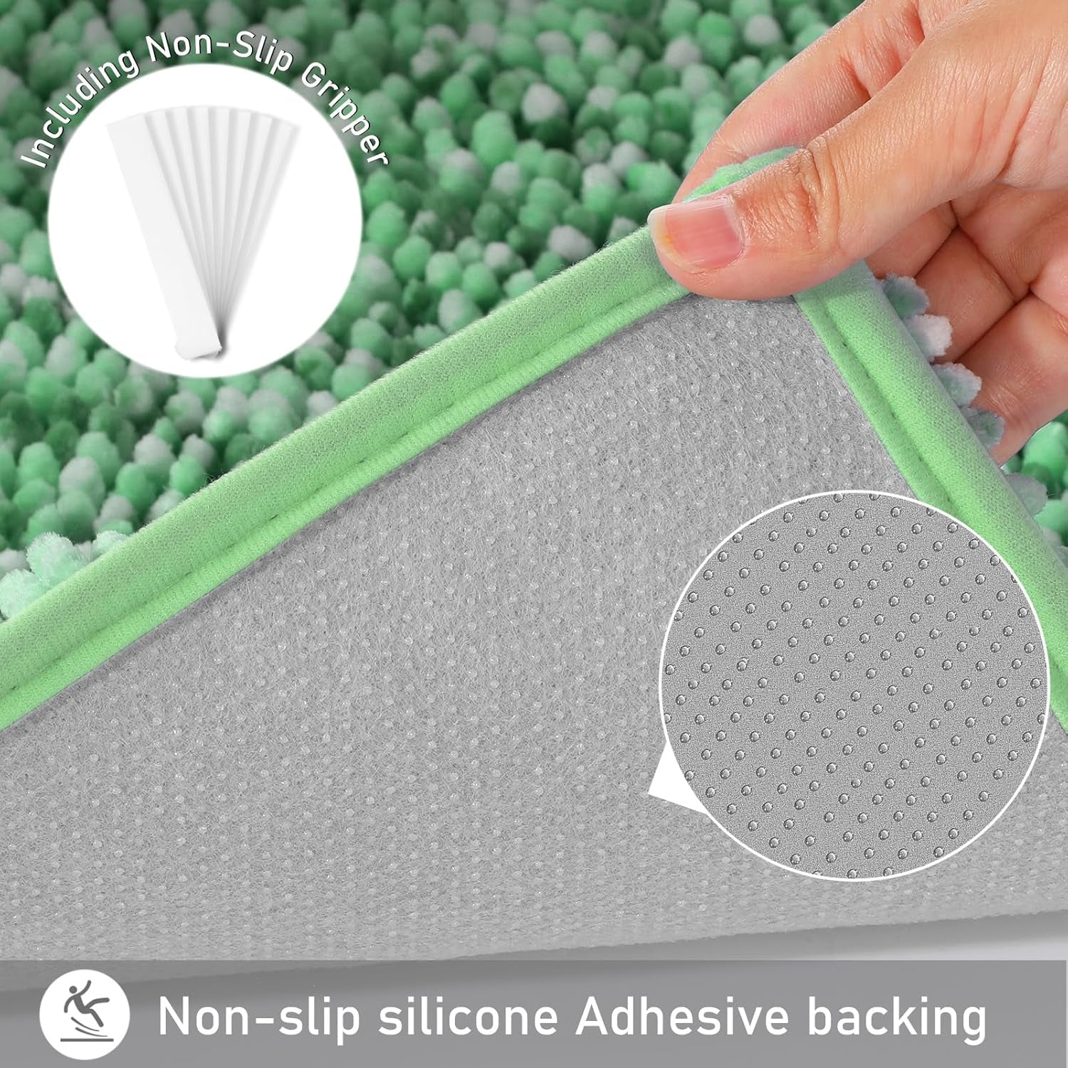 Luxury Chenille U-Shaped Toilet Rug, Super Soft Shaggy Contour Bath Mat for Bathroom Floor, Fluffy, Water Absorbent, Non Slip, Machine Washable, Dry Quickly, 24''X 20'', Light Green & Green