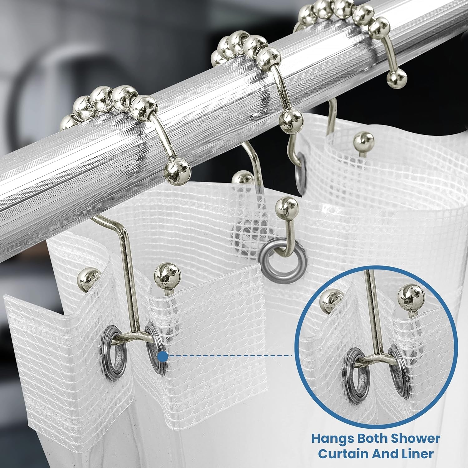 Double Glide Roller Set of 12 Shower Curtain Hooks, Double Sided Rings, Rust Proof Shower Curtain Rings, Nickel