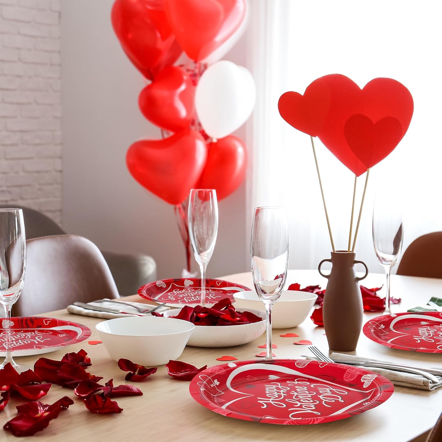 50 PCS Valentines Paper Plates, 9-Inch round Heart Plates, Happy Valentines Day Design Red Heart Plates Heart Disposable Plates, Heart Decorations for Party Wedding Birthday Anniversary