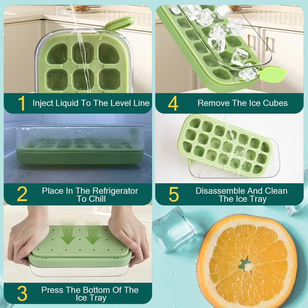 Ice Cube Tray with Lid and Bin for Freezer - 21 Pcs Silicone Ice Cube Mold, No Touch Easy Release - BPA Free, Reusable, Stackable, Suitable for Cocktails Whiskey Coffee and More (Green-21 Pcs)