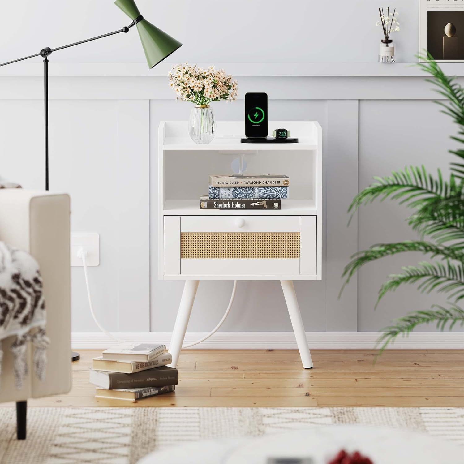 Elegant Nightstand with Integrated Charging Station and Rattan-Inspired Drawer, Solid Wood Leg End Table with Open Storage for Bedroom, Living Room, and Dormitory - White