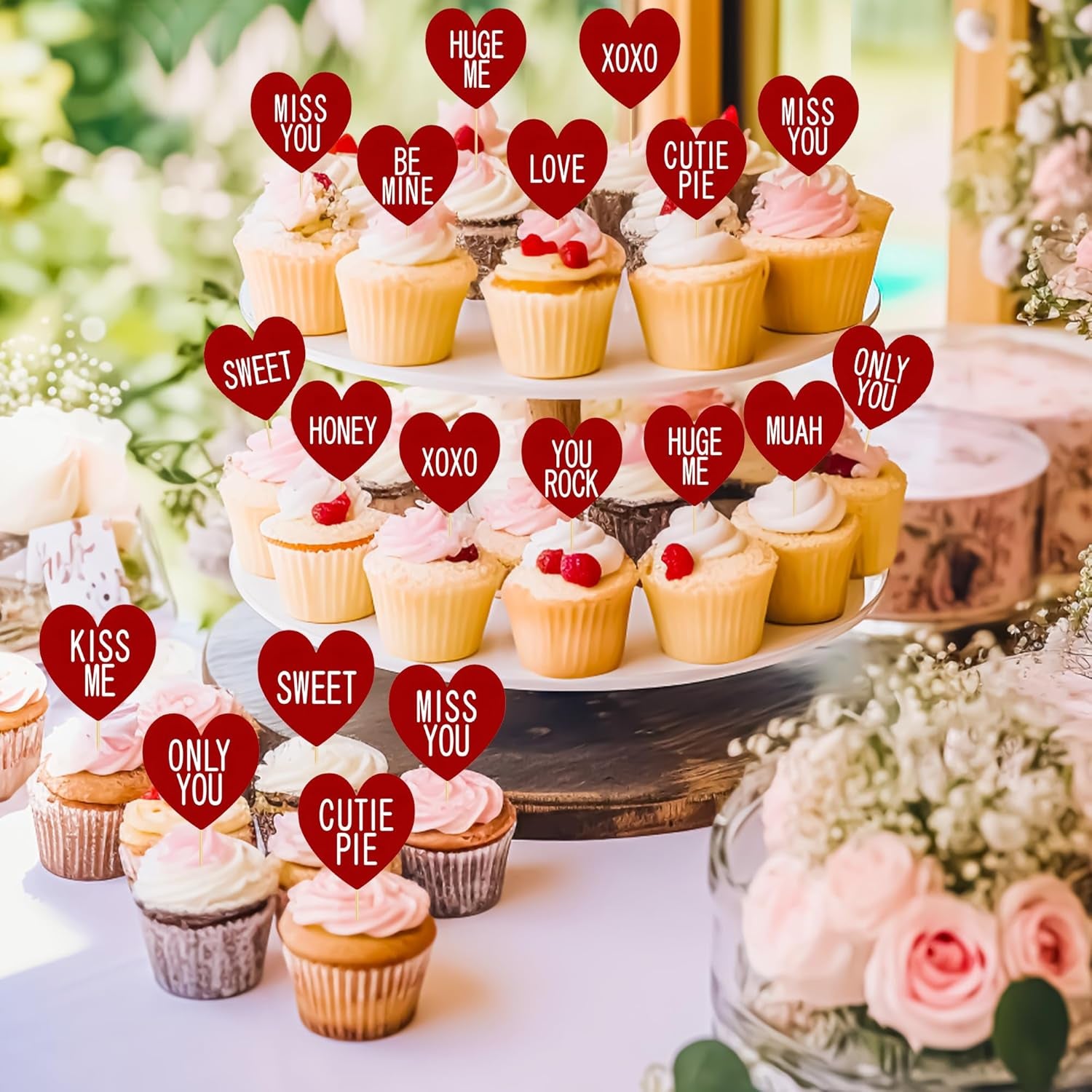24 PCS Valentines Cupcake Toppers, 4.53 in Conversation Red Cake Toppers, "LOVE" "KISS ME" Design Heart Cupcake Toppers Valentines Day Cake Toppers, Wedding Cake Decor Valentine Cupcake Decorations