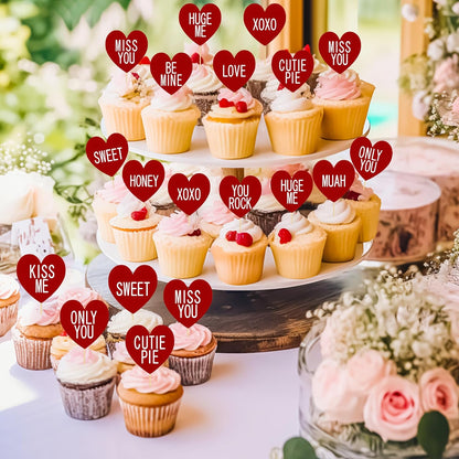 24 PCS Valentines Cupcake Toppers, 4.53 in Conversation Red Cake Toppers, "LOVE" "KISS ME" Design Heart Cupcake Toppers Valentines Day Cake Toppers, Wedding Cake Decor Valentine Cupcake Decorations