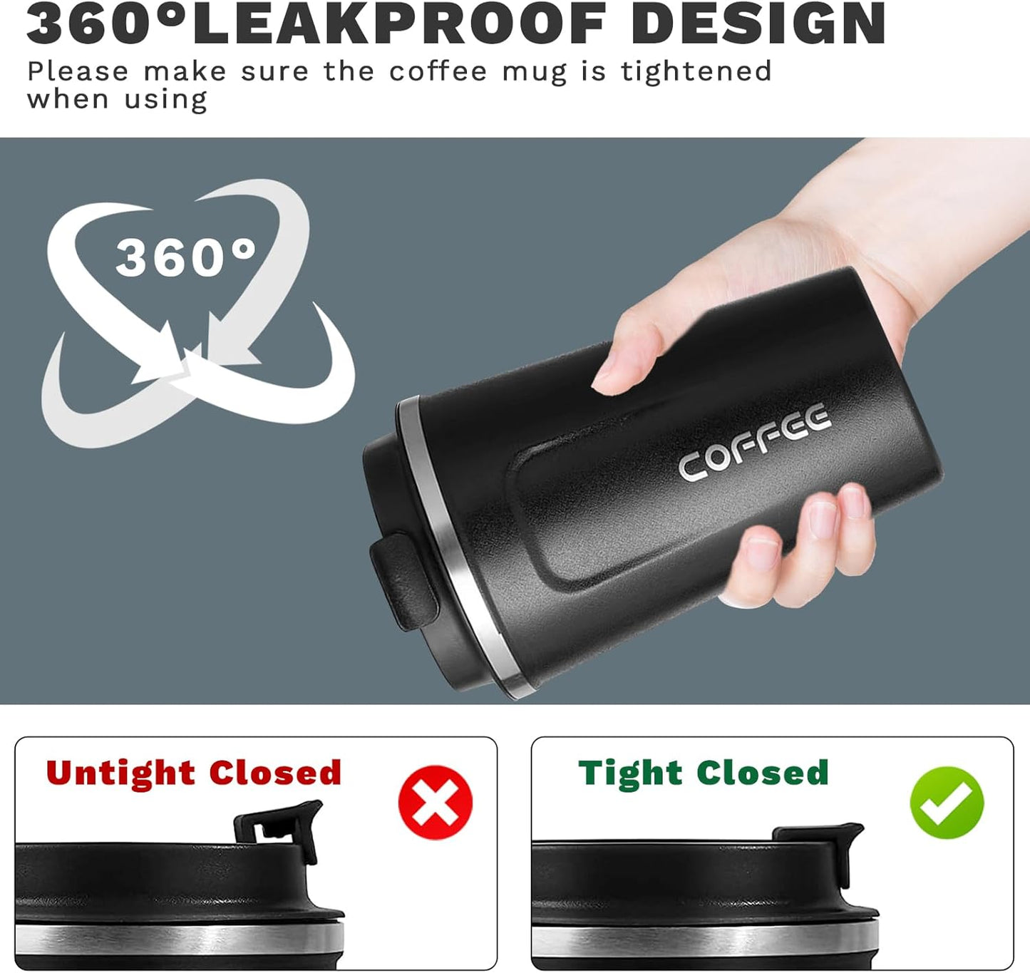 Insulated Travel Coffee Mug, Spill & Leak Proof, Portable to Go Camping Stainless Steel Coffee Tumbler, Reusable Thermal Coffee Cup with Lid for Hot & Cold Drinks (2Nd-Black, 12 OZ)