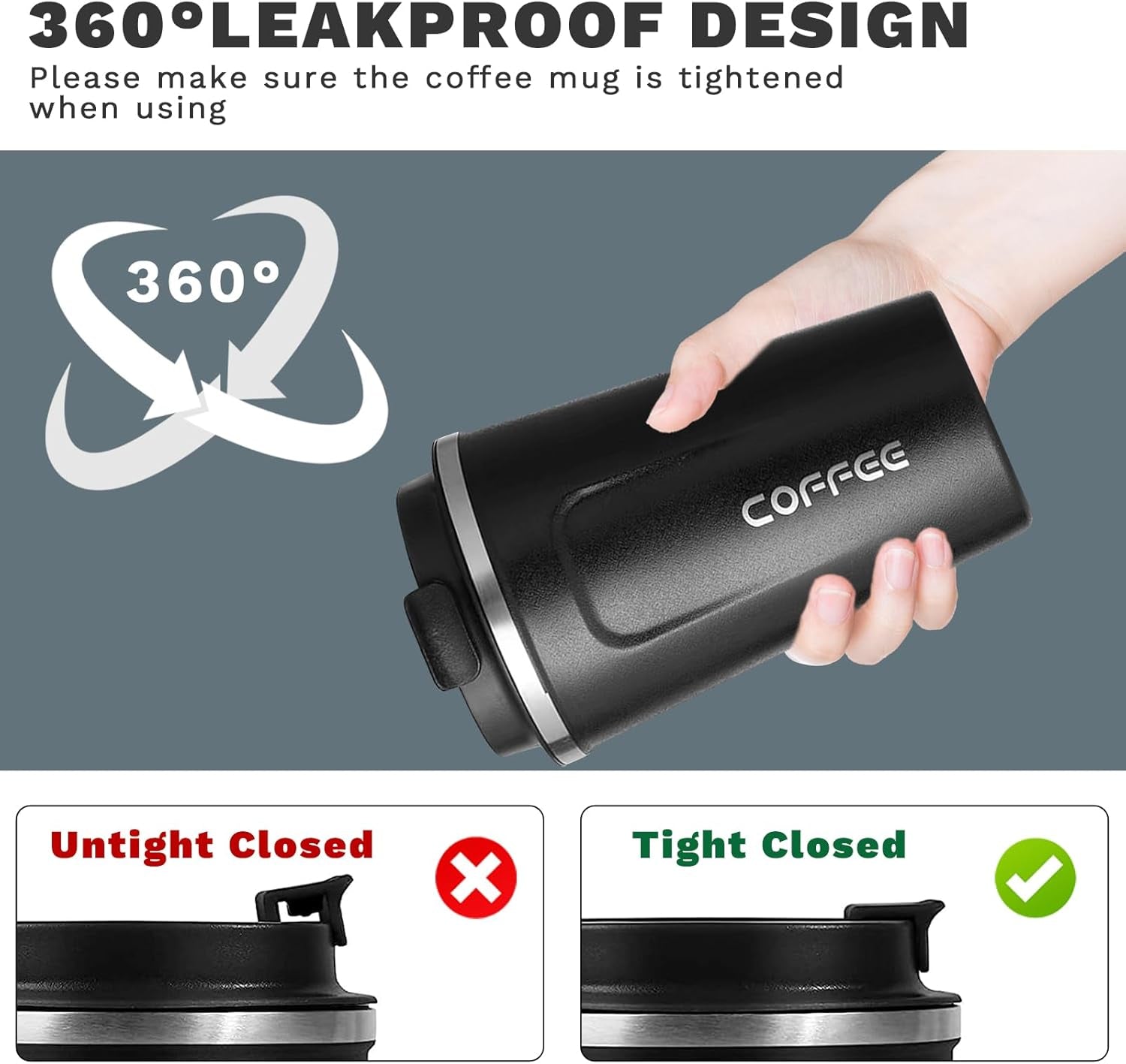 Insulated Travel Coffee Mug, Spill & Leak Proof, Portable to Go Camping Stainless Steel Coffee Tumbler, Reusable Thermal Coffee Cup with Lid for Hot & Cold Drinks (2Nd-Black, 12 OZ)