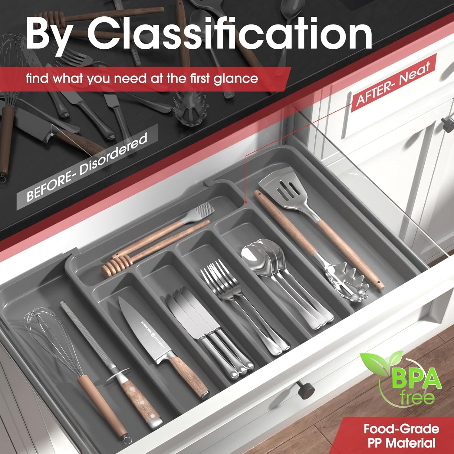 Silverware Organizer - Expandable Kitchen Drawer Organizer, Adjustable Utensil Organizer, Cutlery Tray for Forks, Knives, Multipurpose Kitchen Organizers and Storage Solution, Grey, Medium