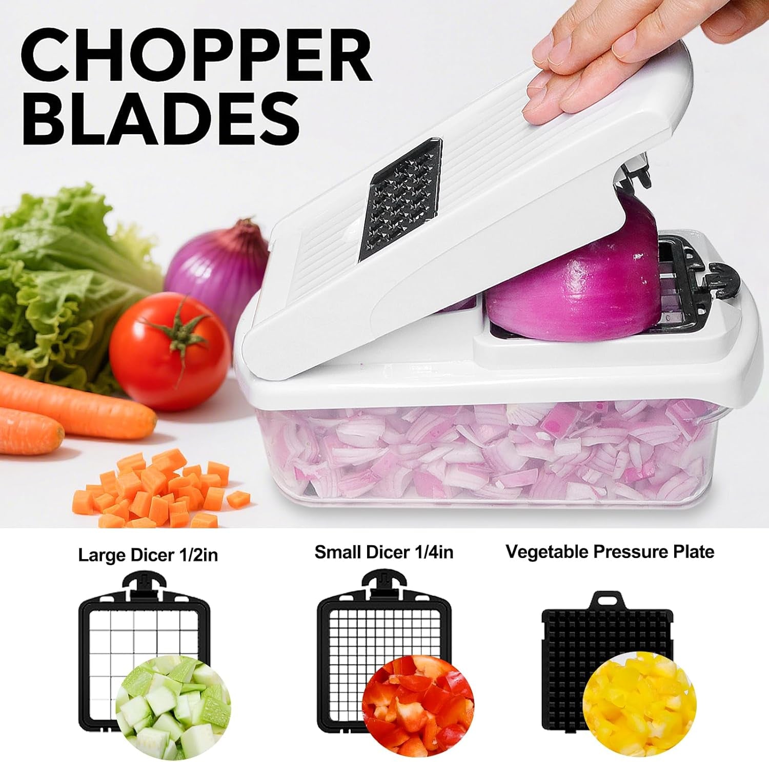 Vegetable Chopper for Mandoline Slicer, 15-In-1 Veggie Choppers, Cheese Grater, Onion Cutter with Container, Kitchen Gadgets Essentials, Vegetable Dicer, Onion Mincer Tomato Slicer (White)