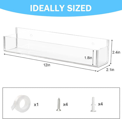 Adhesive Acrylic Spice Rack with Nano Double Sided Tape Wall Mount Organizer Wall Spice Rack with Shelf Ends for Kitchen Cabinet Door - 2 Pack 12'' Shelves (White)
