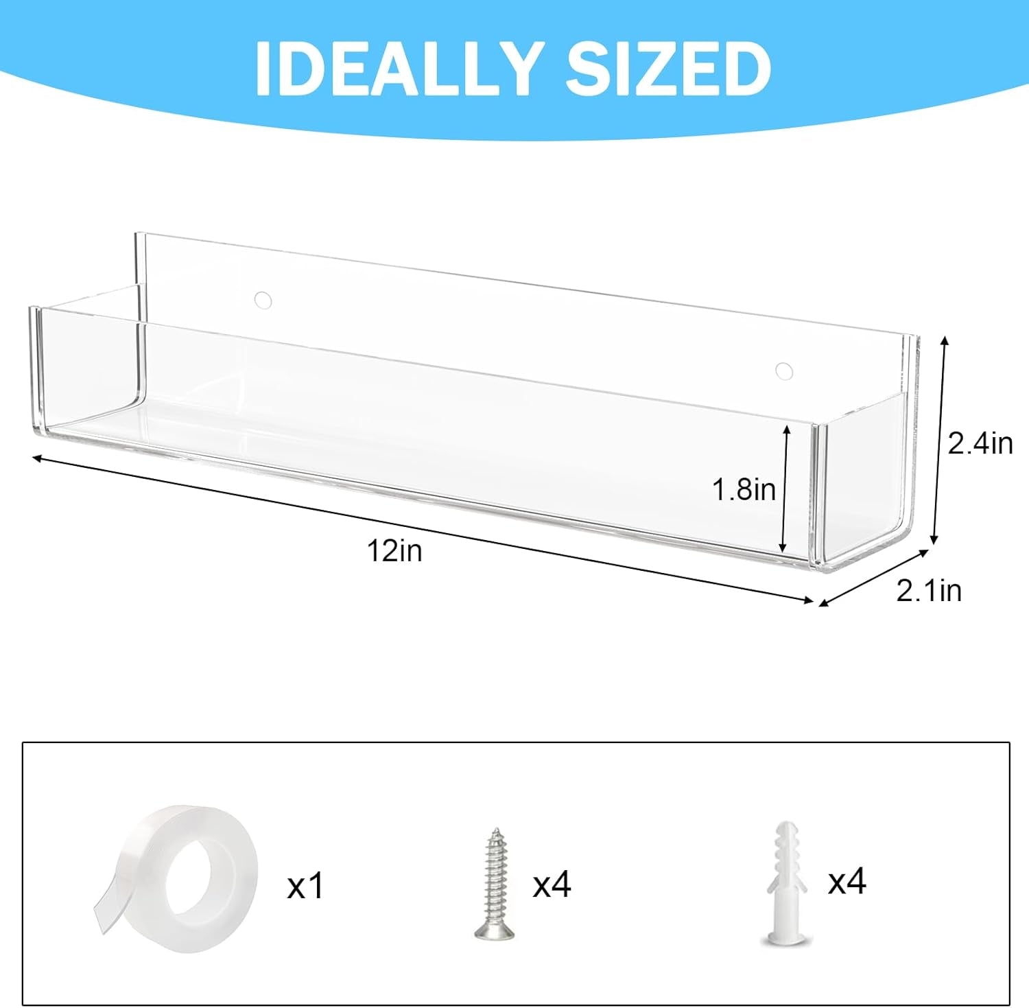 Adhesive Acrylic Spice Rack with Nano Double Sided Tape Wall Mount Organizer, Wall Spice Rack with Shelf Ends for Kitchen Cabinet Door - 2 Pack 12‘’ Shelves (Colorful)