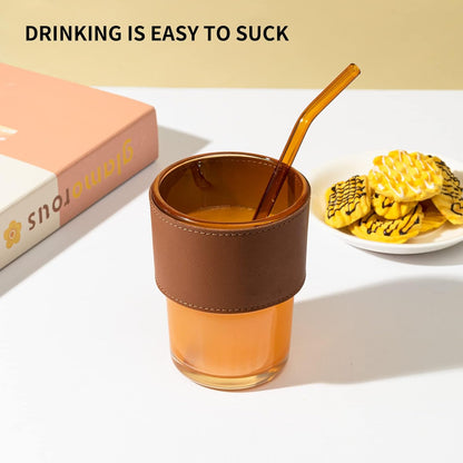 4-Pack Reusable Glass Straws,Size 8''X 8 Mm,Clear/Amber Glass Straws, 2 Straight and 2 Bent with 1 Cleaning Brush Glass Straw Set-Perfect for Smoothies, Milkshake, Iced Coffee,Juice,Tea