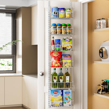 Pantry Door Organizer, Adjustable Metal over the Door Pantry Organizer Rack, 6-Tier over the Door Spice Rack, Kitchen Pantry Door Organizers and Storage, D5 W12 H52.1 Inch, White, Small