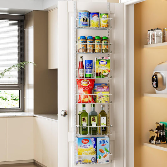 Pantry Door Organizer, Adjustable Metal over the Door Pantry Organizer Rack, 6-Tier over the Door Spice Rack, Kitchen Pantry Door Organizers and Storage, D5 W12 H52.1 Inch, White, Small