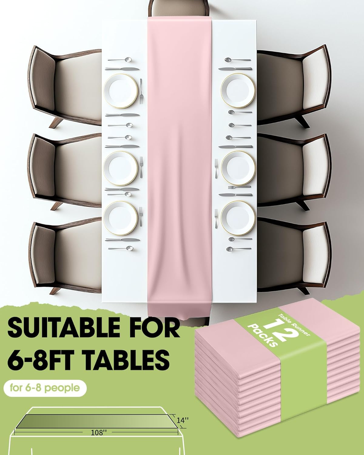 Dusty Pink Plastic Table Runners - 12 Pack, 14'' X 108'', Water Resistant & Disposable Centerpiece Decorations for Table Cloth, Wedding, Birthday, Holiday, Baby Shower, Party, Home Decor