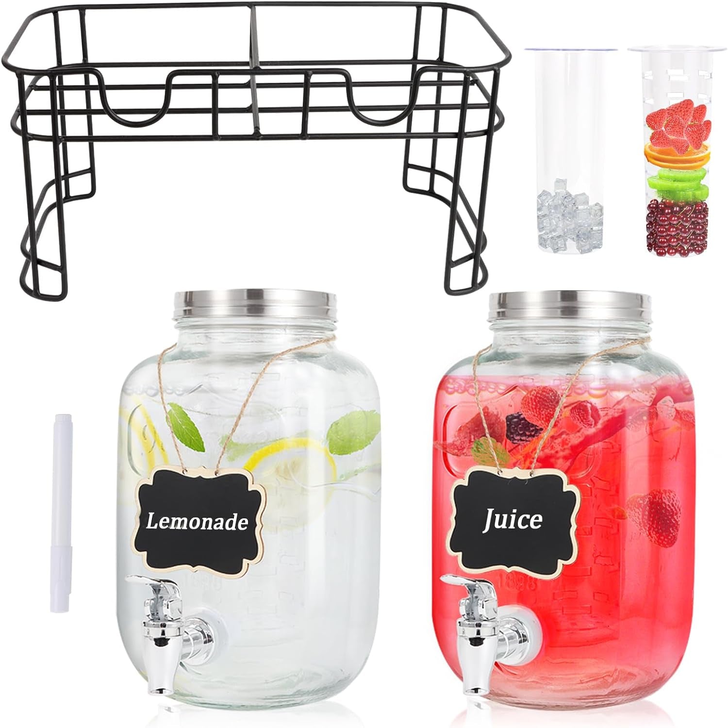 1 Gallon Glass Drink Dispensers for Parties-Set of 2,Drink Dispenser with Fruit Infuser & Stand,Juice or Beverage Dispenser for BBQ, Picnic, Party,Laundry Detergent Dispenser