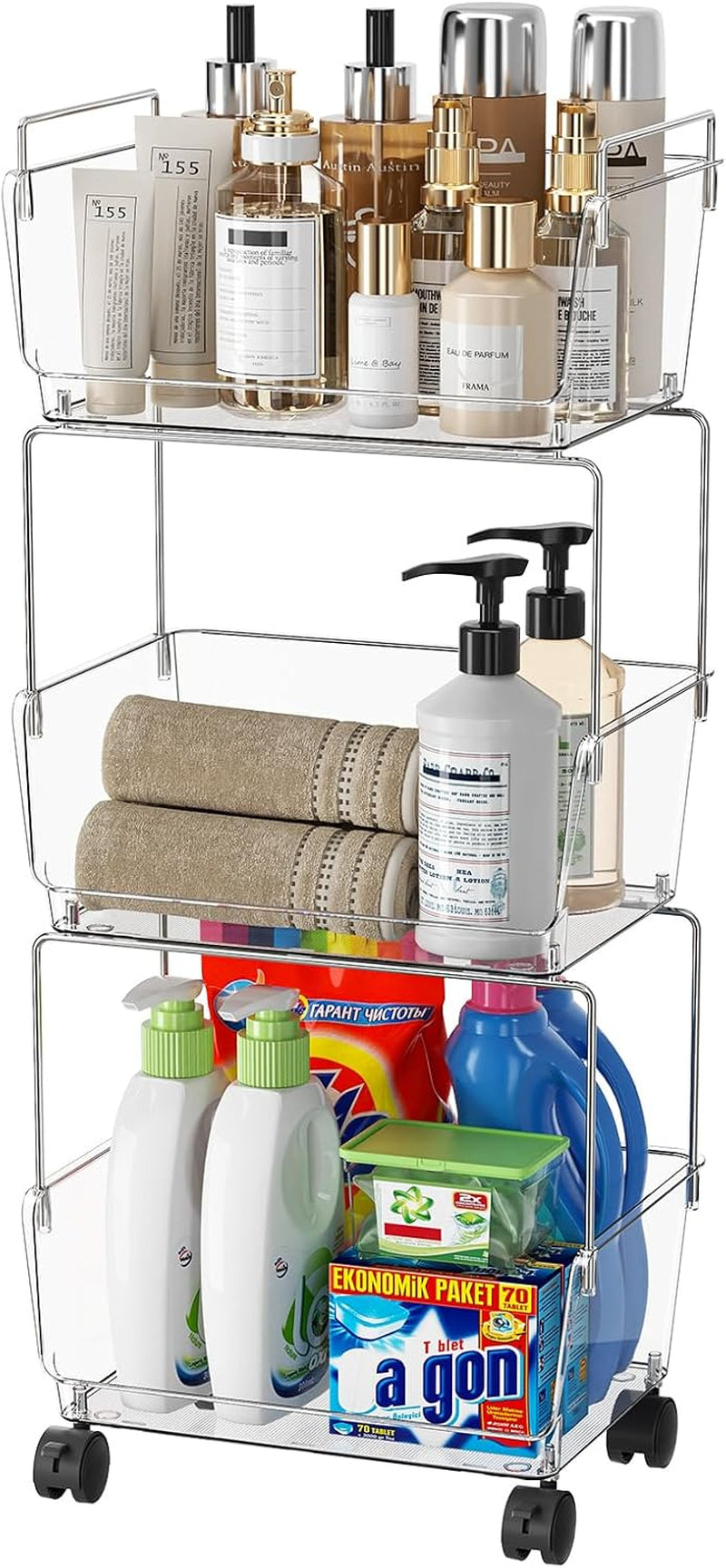 3 Tier Rolling Cart for Kitchen, Bathroom, Office – Acrylic Utility Storage Carts with 2 Lockable Wheels – Ideal for Small Spaces, Pantry, Classroom, Makeup Organizer, Dorm Storage, Clear