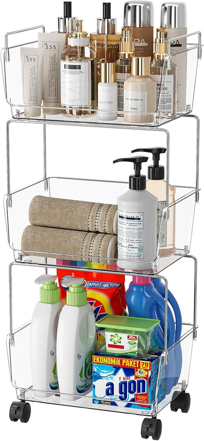 3 Tier Rolling Cart for Kitchen, Bathroom, Office – Acrylic Utility Storage Carts with 2 Lockable Wheels – Ideal for Small Spaces, Pantry, Classroom, Makeup Organizer, Dorm Storage, Clear