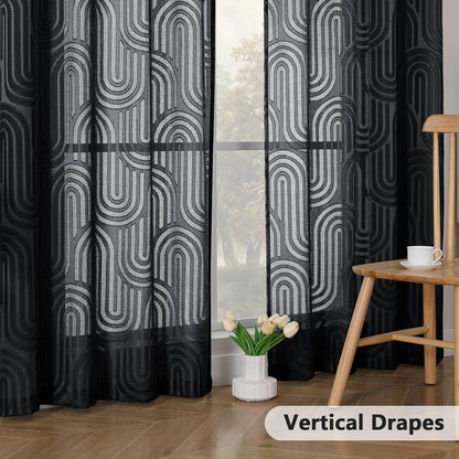 Sheer Black Curtains Kitchen 36 Inch Length 2 Panels Set for Window, Soft Airy Geometric Jacquard Semi Sheer Curtains for Bathroom, Modern Rod Pocket Window Curtains, 42Wx36L Inches