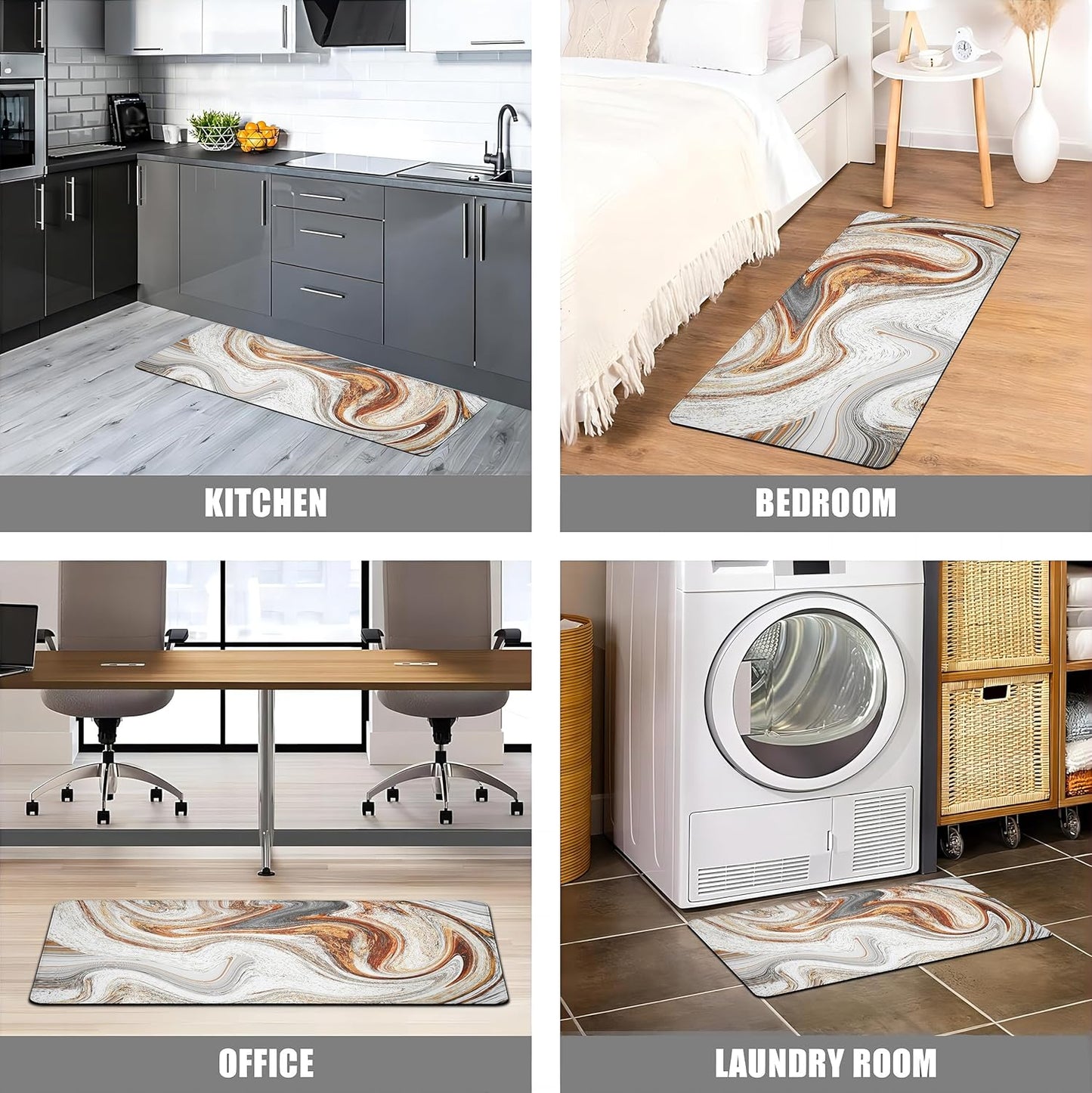 Kitchen Mats for Floor anti Fatigue Floor Marble Cushioned Memory Foam Non Slip PVC Leather Padded Comfort Standing Rugs Set of 2, 17.3X28+17.3X47 Inch,0.4 Inch Thick