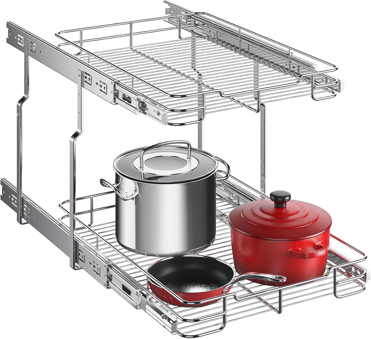 Pull Out Cabinet Organizer, Heavy Duty Cabinet Shelf Organizers, 2 Tier Cabinet Slide Out Shelves for Kitchen, Pantry, Bathroom, 14" W X 21" D