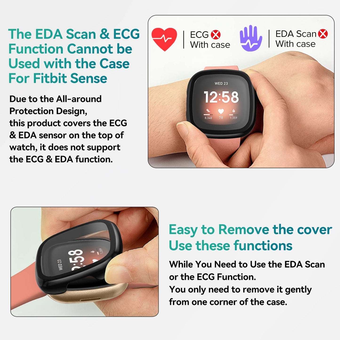 [4 Pack] Screen Protector Tempered Glass for Fitbit Sense/Versa 3, Hard PC Case with Bumper Cover Sensitive Touch Full Coverage Protective Case for Sense/Versa 3 Smart Watch, Black