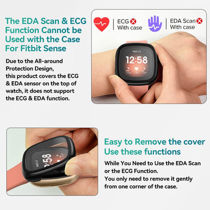[4 Pack] Screen Protector Tempered Glass for Fitbit Sense/Versa 3, Hard PC Case with Bumper Cover Sensitive Touch Full Coverage Protective Case for Sense/Versa 3 Smart Watch, Black