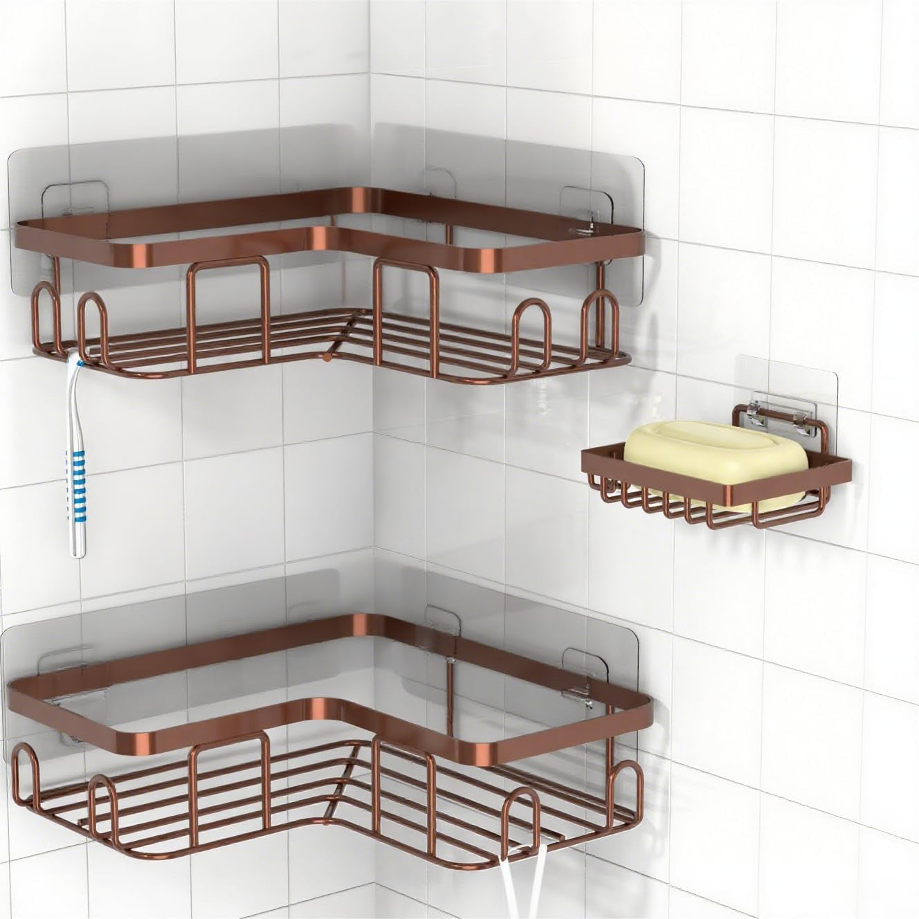 Adhesive Corner Shower Caddy, 3 Pack Organizer with Soap Holder and 12 Hooks, Rustproof Shower Shelves for Bathroom, Brown