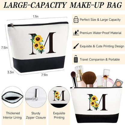 Personalized Gifts for Women, Monogrammed Gifts for Women, Initial Monogram Gift Sunflower Birthday Gift for Mom Sister Best Friends - Monogrammed Canvas Tote Bag & Makeup Bag & Glass Cup M