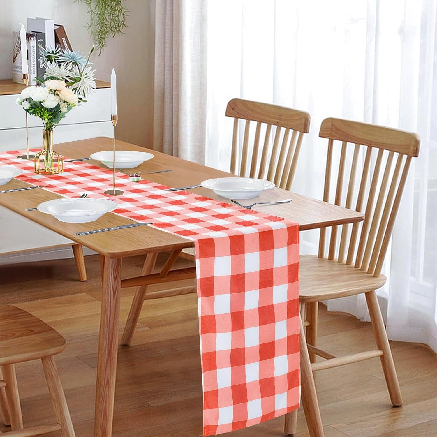 Fabric Checkered Table Runner 1 Pack Waterproof Gingham Table Runner 14W X 108L Buffalo Check Table Runners for Parties Kitchen Dining Wedding Banquet (Red and White)