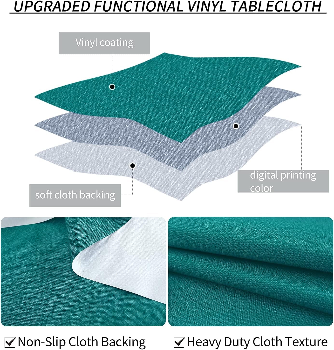 Vinyl Tablecloth for Picnic Camping Outdoor, 100% Waterproof Oil-Proof Spill-Proof PVC Table Cloth, Wipeable Thick Rectangle Tablecloth Cover (54 X 54 Inch, Green)