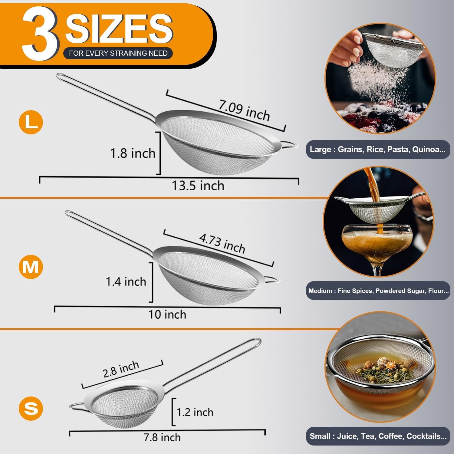 Fine Mesh Strainers - Premium Stainless Steel Colander Sieve Sifters, with Durable Mesh and Sturdy Handle, Excellent for Sifting Dry Ingredients, Flour, Pastas, Rice, Tea (2.8"+4.73"+7.09")